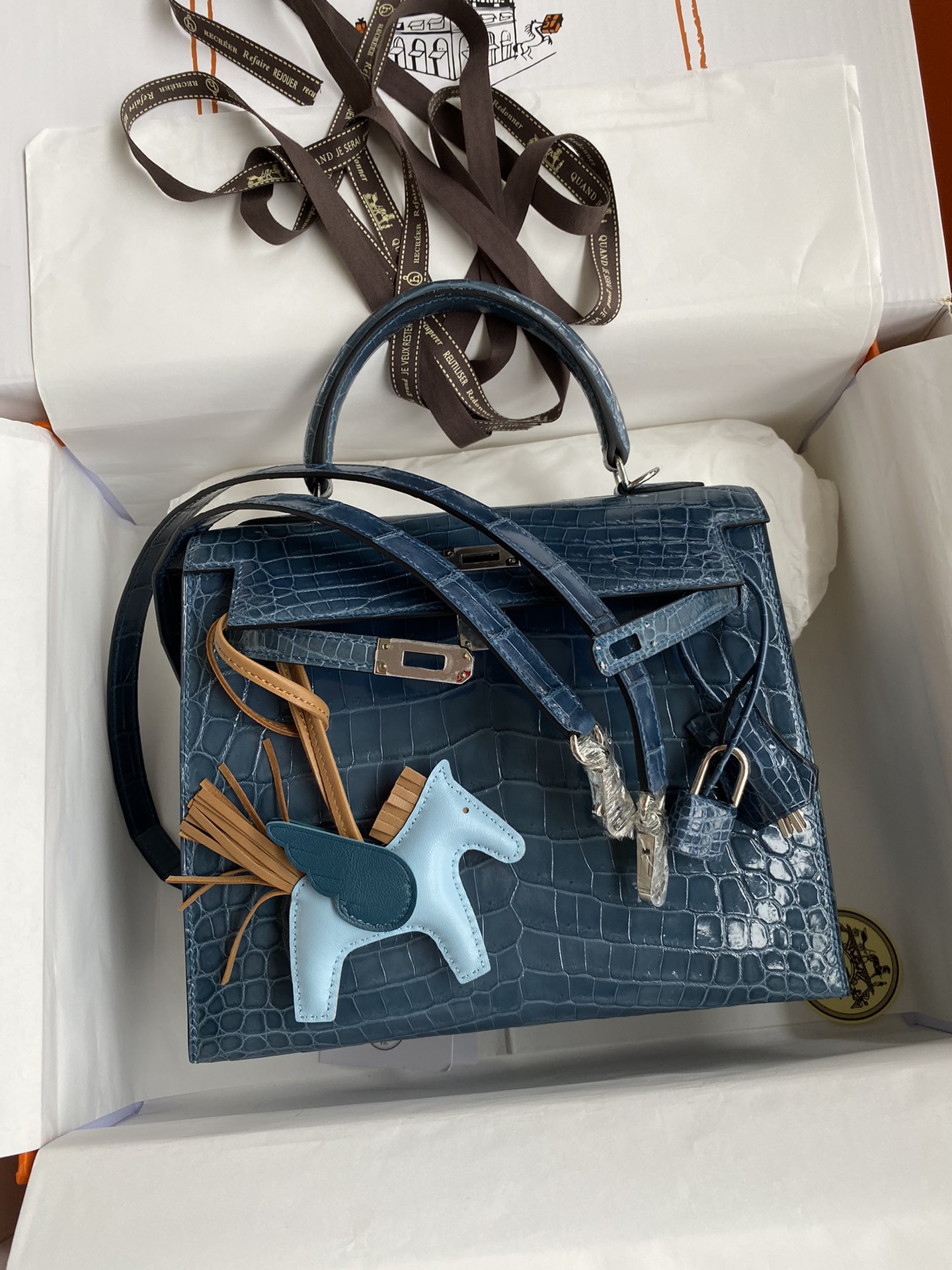 Hermes Kelly 25cm Handbag Shoulder Bag In Blue Jean Shiny Crocodile Niloticus Leather